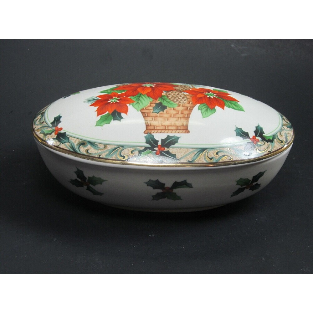 Mikasa Christmas Poinsettia Basket Covered Oval  Trinket Box